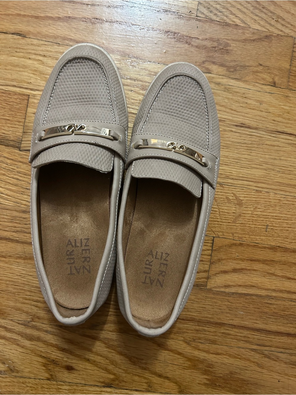 Naturalizer Beige Loafers with Gold Bar Accent